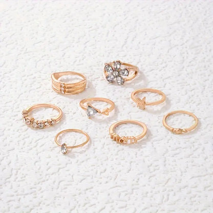 8pcs Chic Stacking Rings Sparkling Flower / Mom / Starfish Design Inlaid Rhinestone