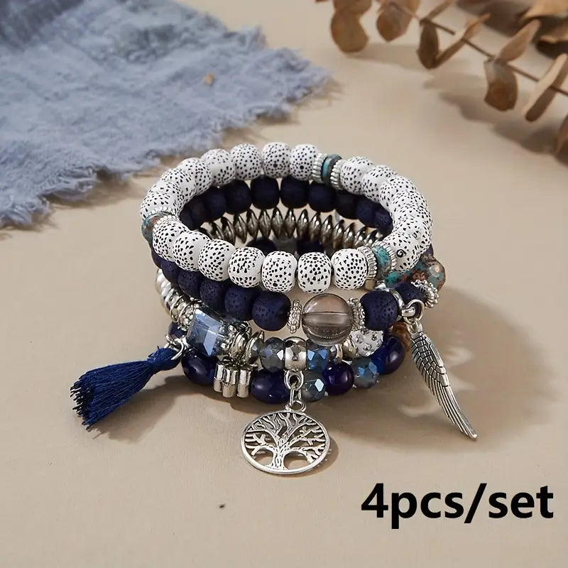 4pcs/set Bohemian Hand String, Tree Of Life Feather Wings Pendant Bracelet