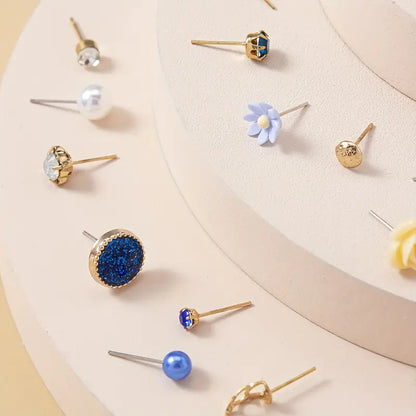 30 Pairs Set Of Delicate Stud Earrings Blue