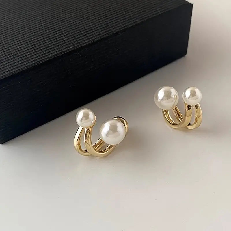 Double Imitation Pearl Design Stud Earrings-Golden Yellow