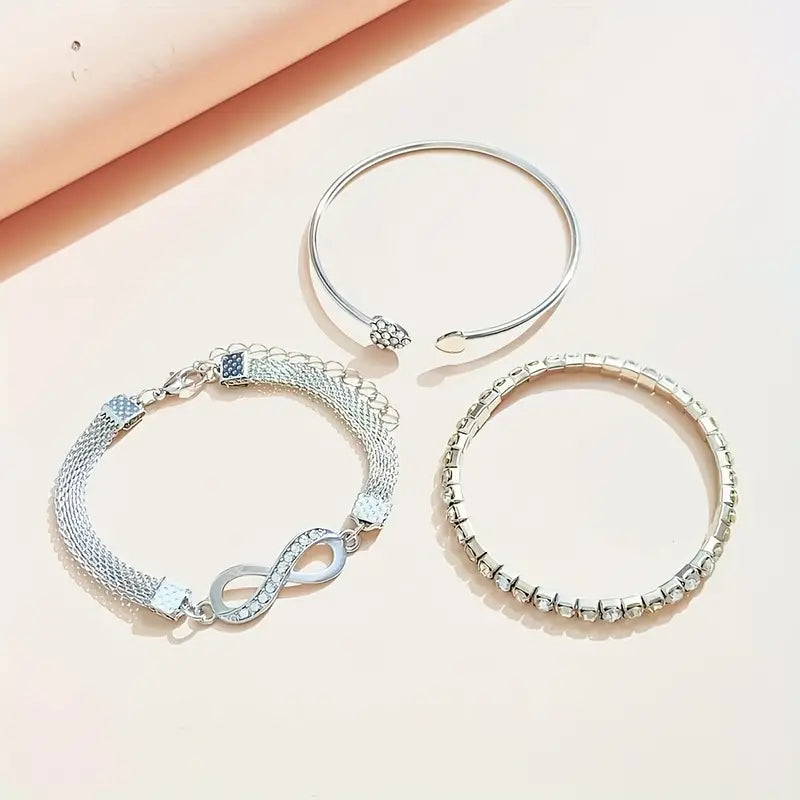 3pcs Silver Chain Bracelet Set Inlaid Shiny Rhinestone Stackable Hand Chain
