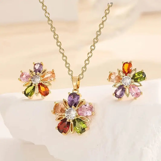 3pcs Adorable Colorful Flower Necklace/Earrings/Set, Cute Jewelry