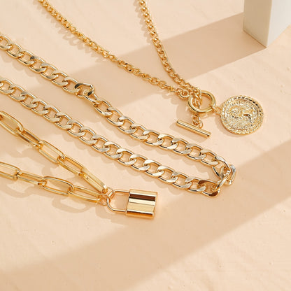 3pcs/Set Vintage Golden Coin Pendant Necklace Stackable Cuban Chain Necklace Women's Jewelry