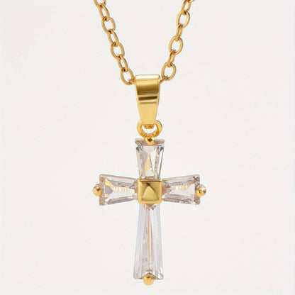 Golden Stainless Steel Cross Pendant Necklace, Retro Fashion Necklace