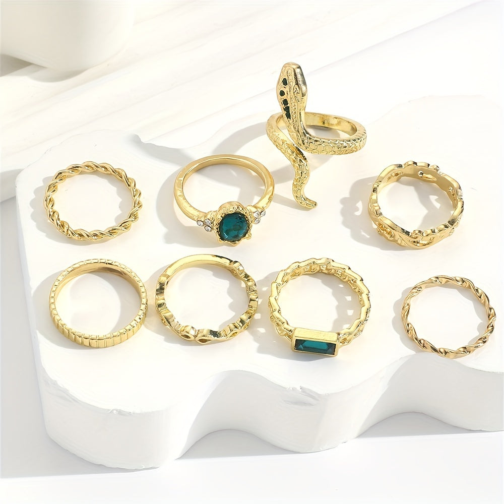 8pcs Vintage Stacking Rings Retro Snake/ Tide/ Geometry Design Inlaid Rhinestone Mix