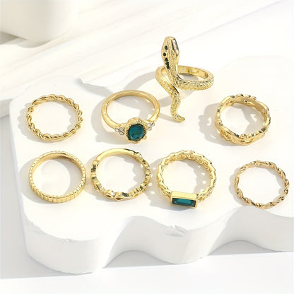 8pcs Vintage Stacking Rings Retro Snake/ Tide/ Geometry Design Inlaid Rhinestone Mix