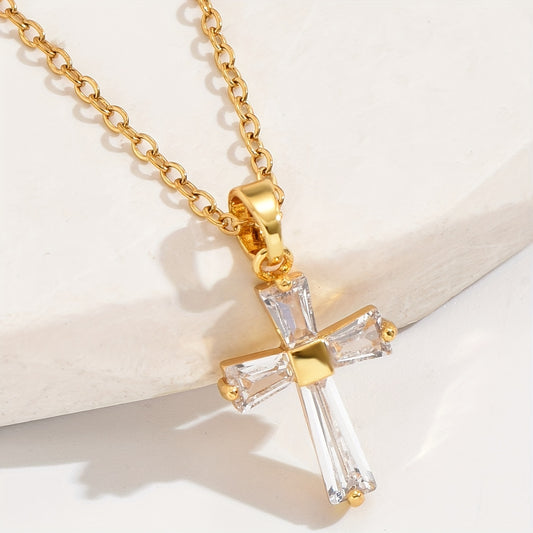 Golden Stainless Steel Cross Pendant Necklace, Retro Fashion Necklace