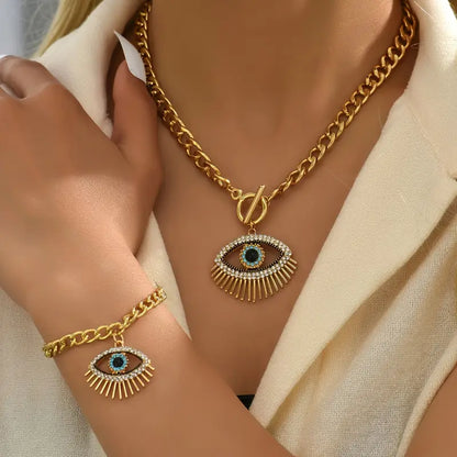 Set Of 2 Trendy And Simple Chain Eye Pendant Necklace And Bracelet Jewelry Set