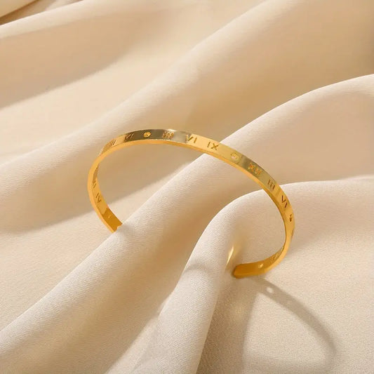 Exquisite Delicate Roman Numeral Cuff Bangle - Gold  Plated Hand Jewelry for Women