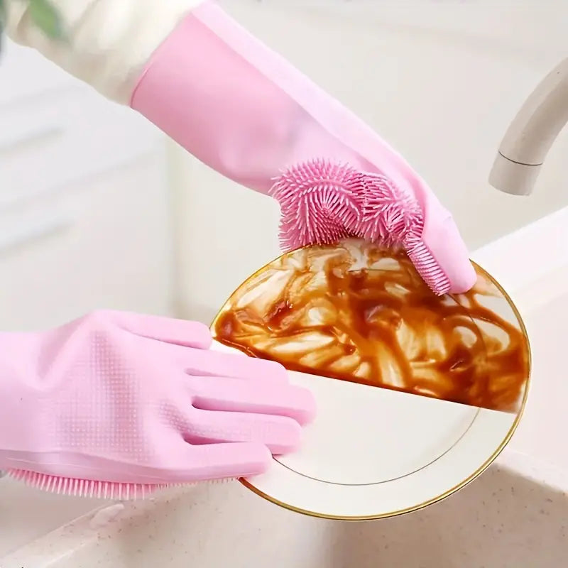 1pair Kitchen Silicone Dishwashing Gloves, Housework Cleaning Waterproof Insulation