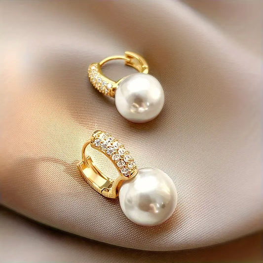 2pcs Elegant Faux Pearl Drop Earrings with Cubic Zirconia, Vintage & Minimalist Style