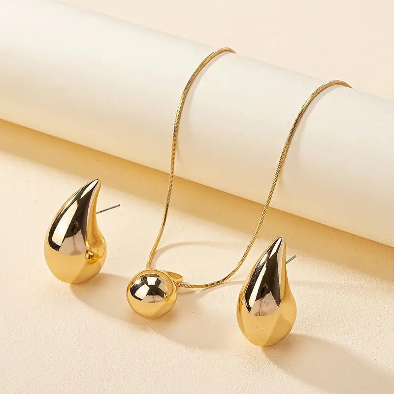 1 Pair Of Earrings + 1 Necklace Minimalist Style Jewelry Set Chunky Waterdrop Design Silvery (Copy)