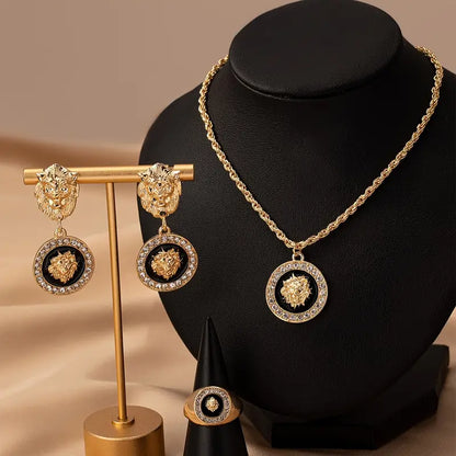 Vintage Lion Head Jewelry Set for Women - Jewelry Sets with Pendant Necklace, Earrings, Ring, Zinc Alloy