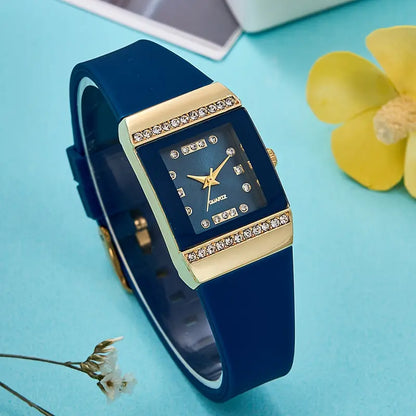 Rhinestone Quartz Watch Elegant Square Fashion Analog Silicone Wrist Watch