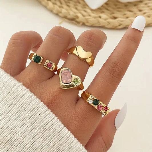 4pcs Y2k Style Stacking Rings Chunky Heart/ Colorful Geometry Design Inlaid Rhinestone