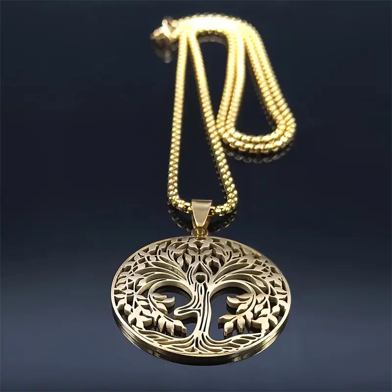 Golden Stainless Steel Necklace With A Large Tree-shaped Pendant