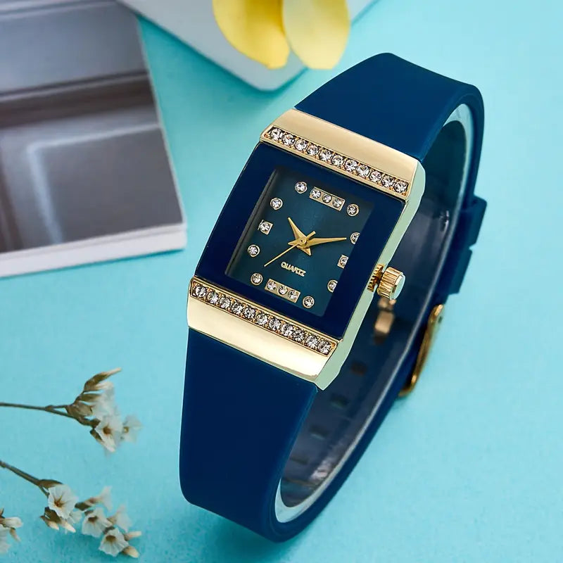 Rhinestone Quartz Watch Elegant Square Fashion Analog Silicone Wrist Watch