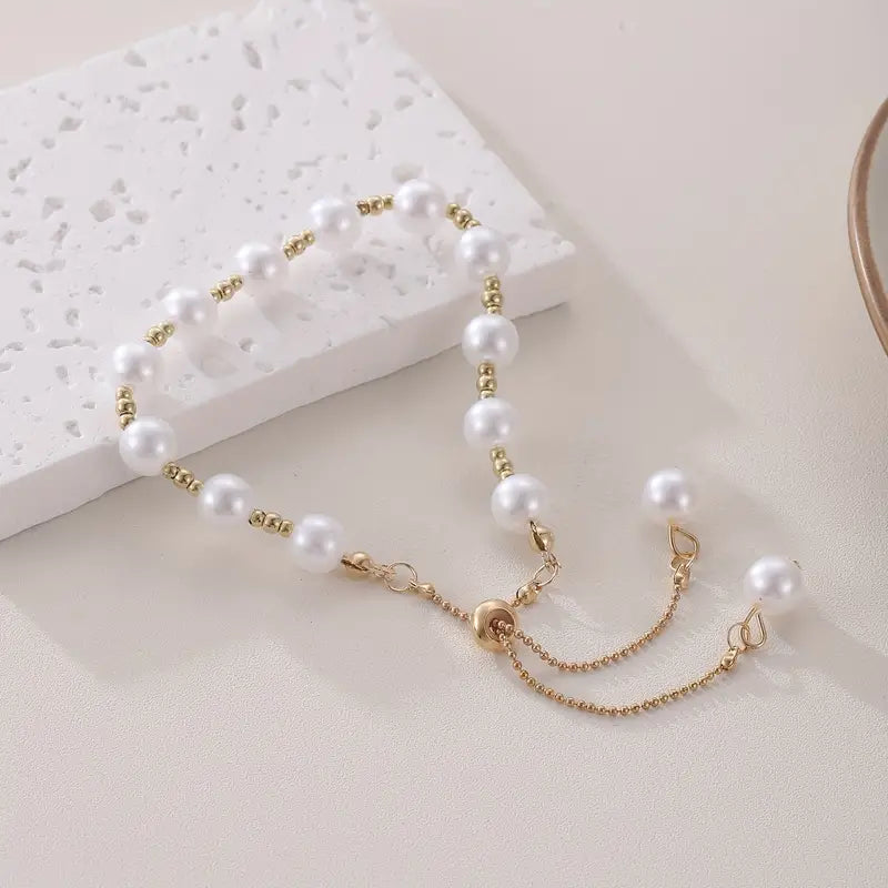 Elegant Faux Pearls Beaded Bracelet, Adjustable Hand Jewelry