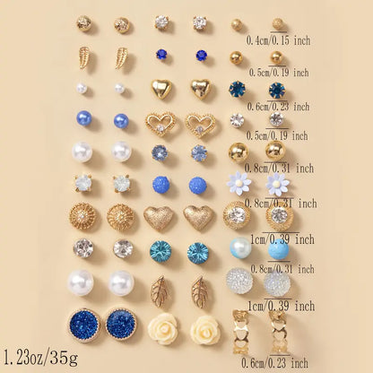 30 Pairs Set Of Delicate Stud Earrings Blue