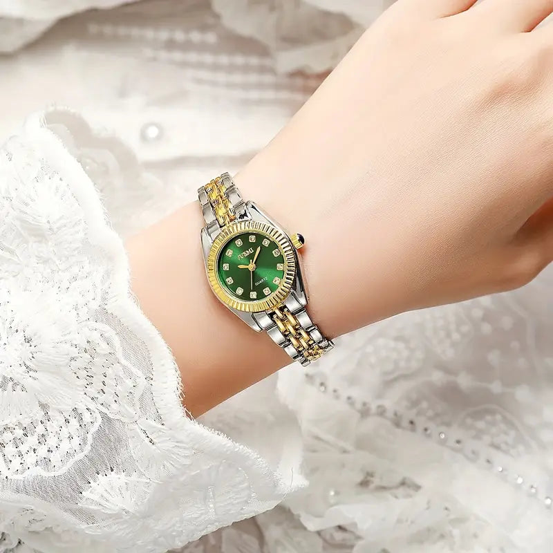 Elegant Ladies' Quartz Wrist Watch with Round Aurora Shell Dial -Green