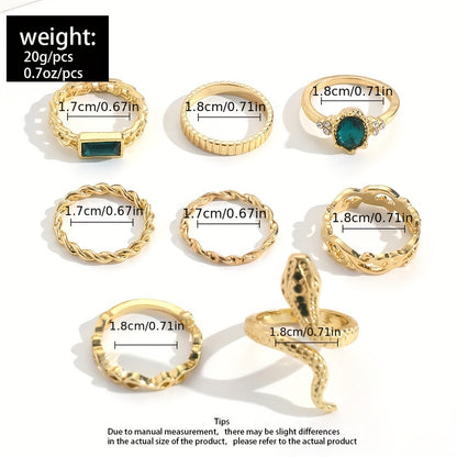 8pcs Vintage Stacking Rings Retro Snake/ Tide/ Geometry Design Inlaid Rhinestone Mix