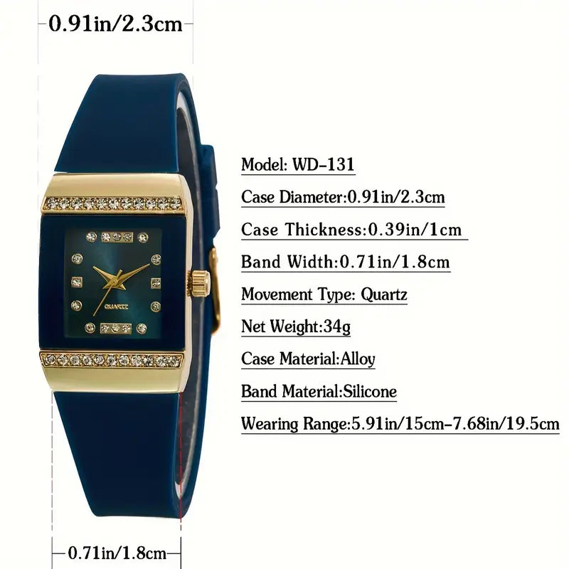 Rhinestone Quartz Watch Elegant Square Fashion Analog Silicone Wrist Watch