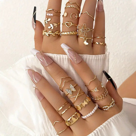 27pcs Y2k Style Stacking Rings Trendy Butterfly/ Heart/ Wave Design Inlaid Rhinestone