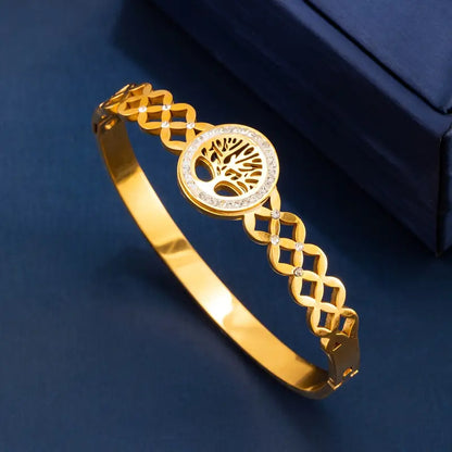 1pc Golden Tree Of Life Design Bracelet, Stainless Steel Bangle For Men/Women