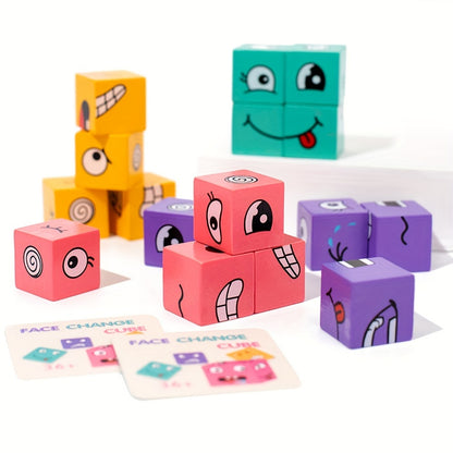 Children's wooden four persons battle, face changing facial expressions, magic cube building blocks