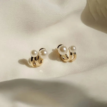 Double Imitation Pearl Design Stud Earrings-Golden Yellow