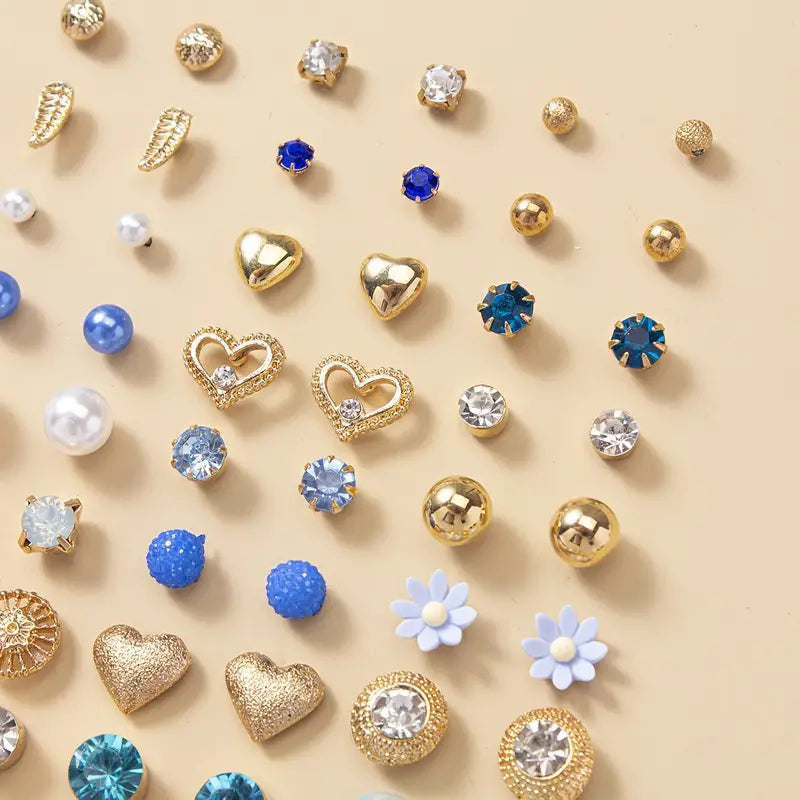 30 Pairs Set Of Delicate Stud Earrings Blue