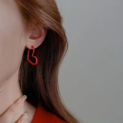 Red Irregular Hollow Heart Design Hoop Earrings