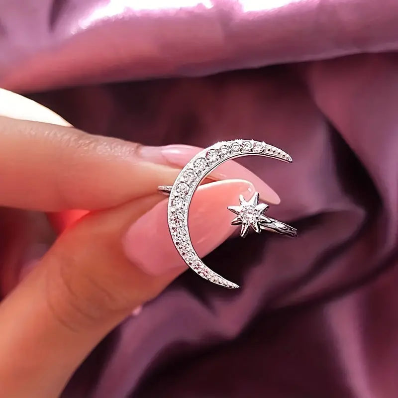 1pc Trendy Cuff Ring Moon And Star Design Crescent Shape Inlaid Rhinestone