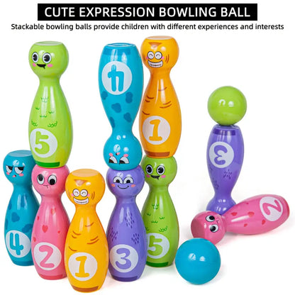 Children's Bowling Toy Set With Cartoon Fun Expressions 10 Bottles And 2 Balls
