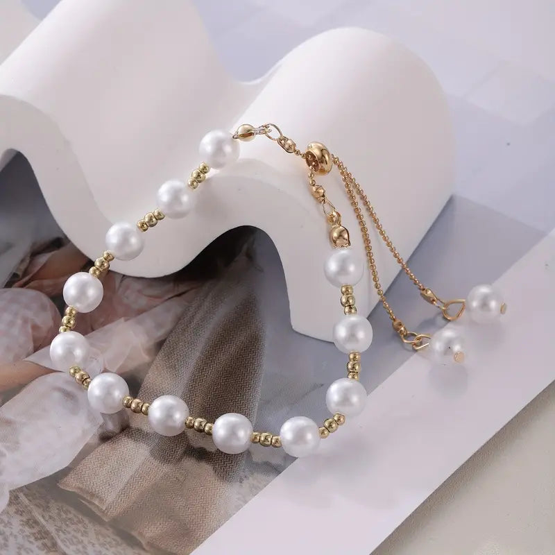 Elegant Faux Pearls Beaded Bracelet, Adjustable Hand Jewelry