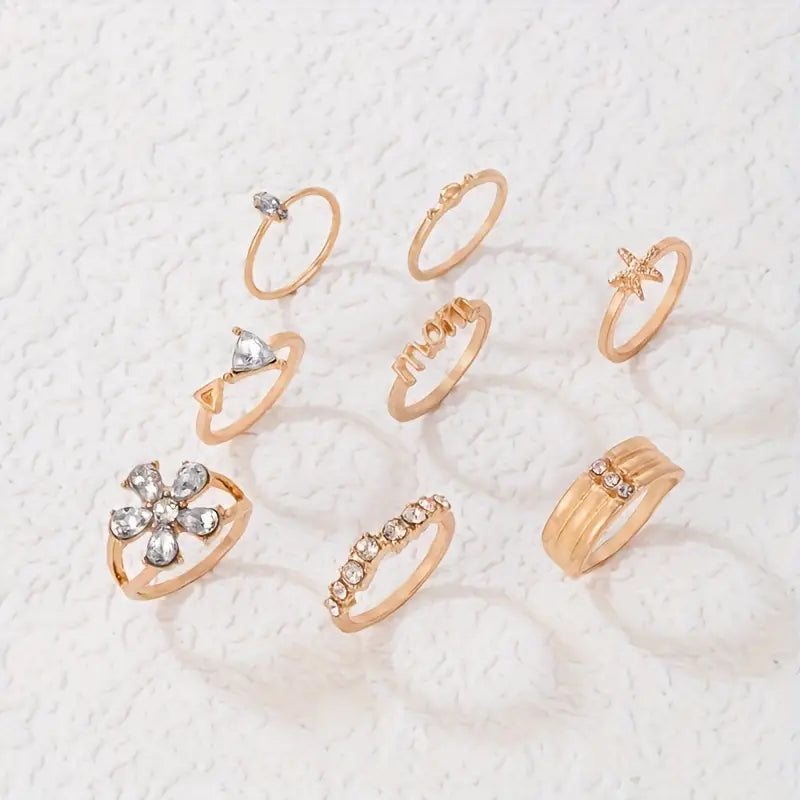 8pcs Chic Stacking Rings Sparkling Flower / Mom / Starfish Design Inlaid Rhinestone
