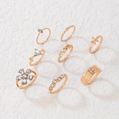 8pcs Chic Stacking Rings Sparkling Flower / Mom / Starfish Design Inlaid Rhinestone