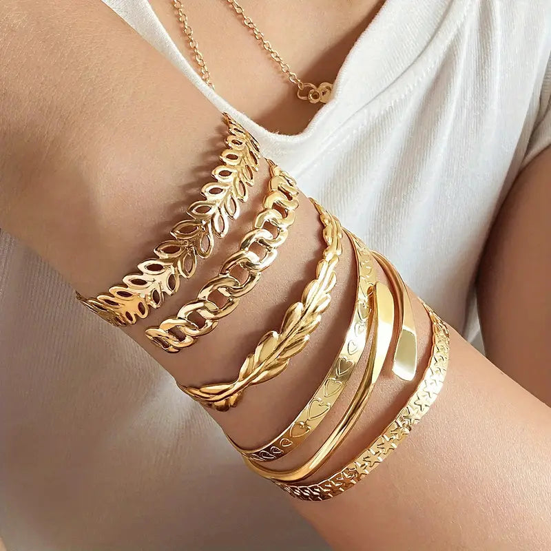 6pcs/Set Punk Exaggerated Hollow Chain Cuban Chain Carved Love Heart Star Cuff Bangle Stacked Bracelet