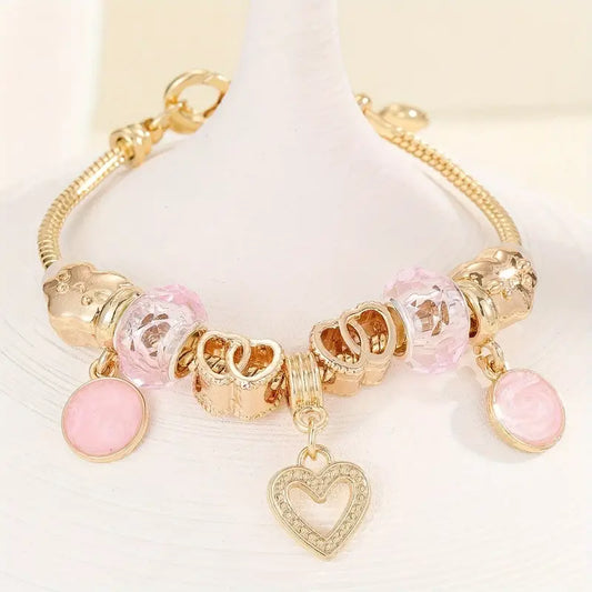 Hollow Out Love Heart Pendant Chain Bracelet With Rhinestone Beads Elegant Copper Hand Jewelry