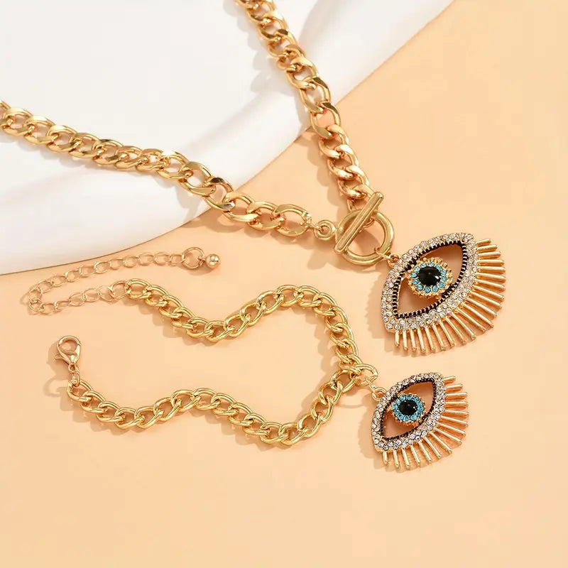 Set Of 2 Trendy And Simple Chain Eye Pendant Necklace And Bracelet Jewelry Set