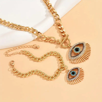 Set Of 2 Trendy And Simple Chain Eye Pendant Necklace And Bracelet Jewelry Set