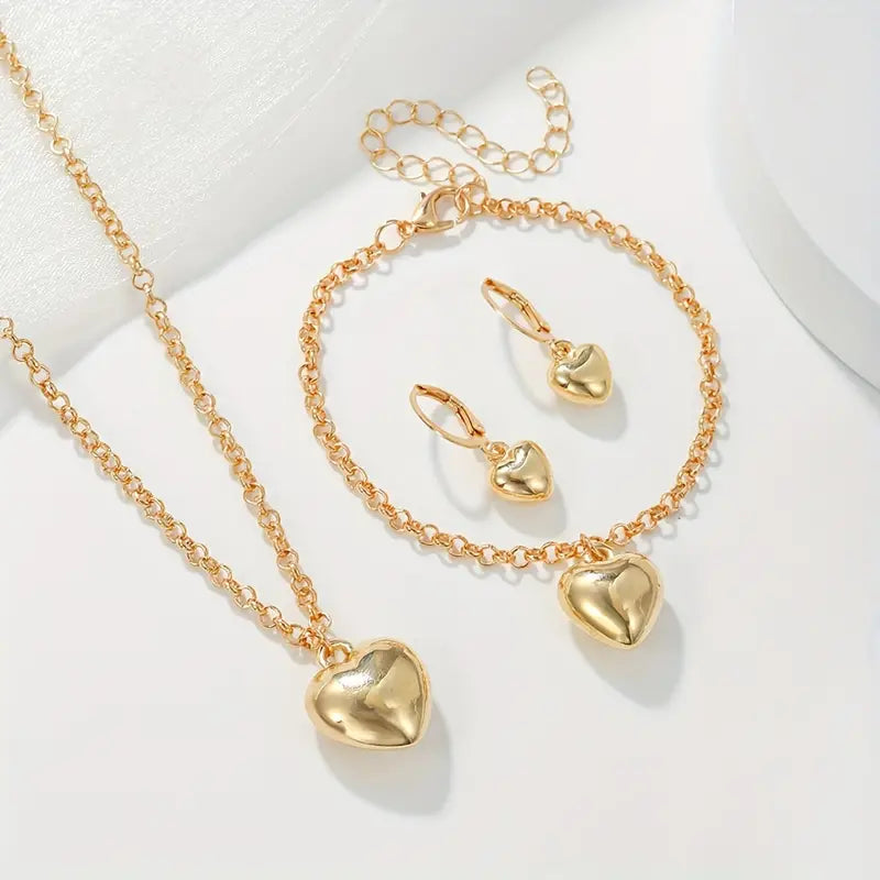 1 Pair Of Earrings + 1 Bracelet + 1 Necklace Chic Jewelry Set Trendy Golden Heart Design