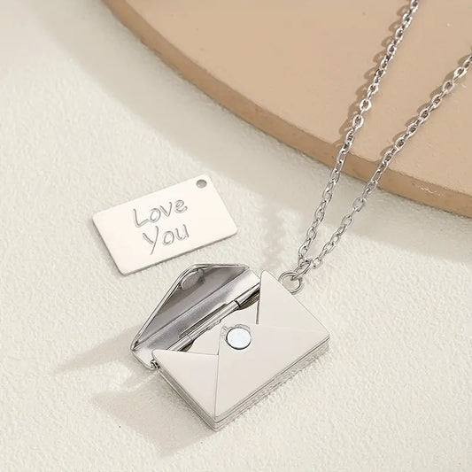 Silver Stainless steel Envelope Necklace with Message Engraving Love You