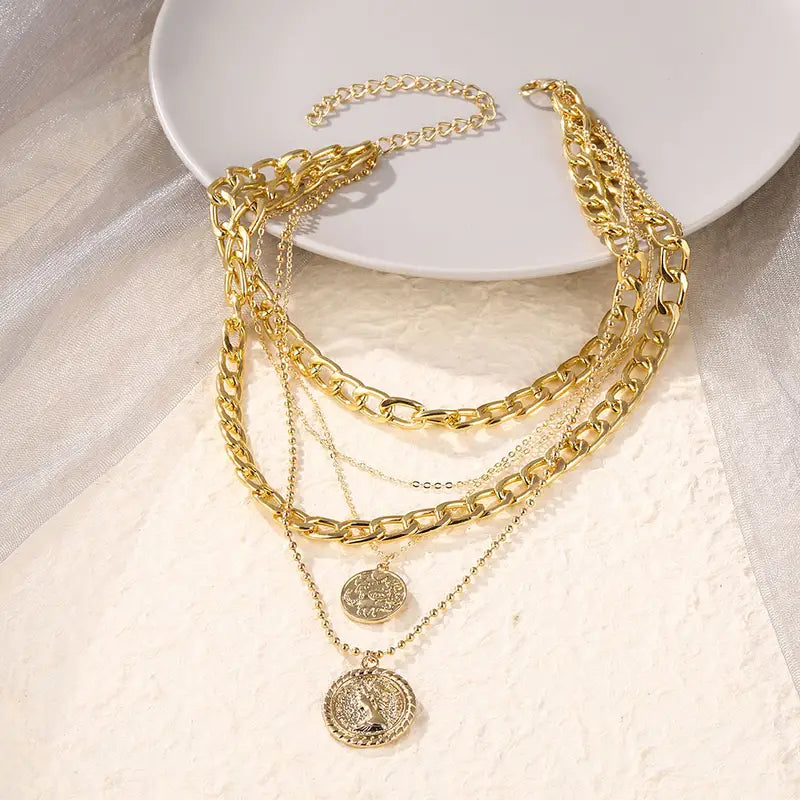 Punk Golden Color Portrait Coin Pendant Necklace For Women