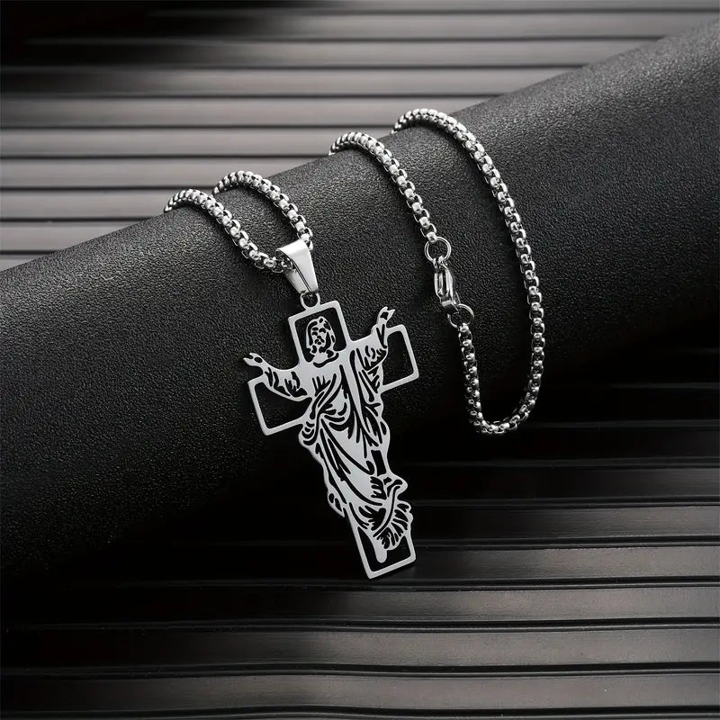 Men's Fashionable Stainless Steel Cross Pendant Necklace, Hip Hop Christian Jewelry