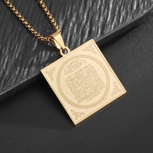 Fashionable 18K Gold-Plated Square Pendant Necklace with Arabic Inscription