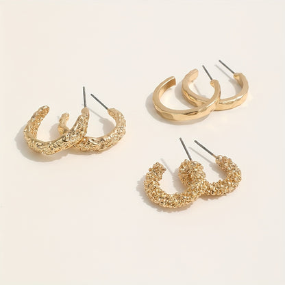 3 Pairs Golden Hoop Earrings Elegant