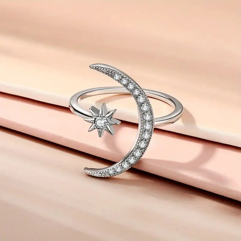 1pc Trendy Cuff Ring Moon And Star Design Crescent Shape Inlaid Rhinestone