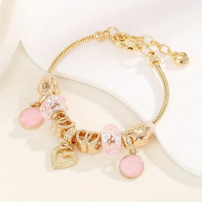 Hollow Out Love Heart Pendant Chain Bracelet With Rhinestone Beads Elegant Copper Hand Jewelry