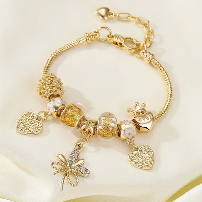 Elegant & Cute Heart Crown Beaded Bracelet With Bow Pendant